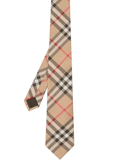 Burberry Slim Checkered Silk Tie Featuring Embroidery In Nude