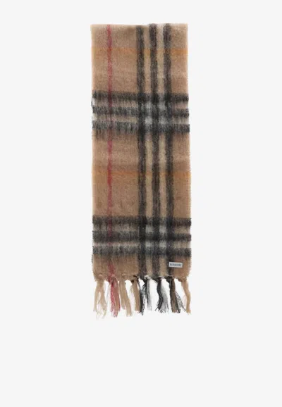 Burberry Mohair Wool Check Scarf In Brown