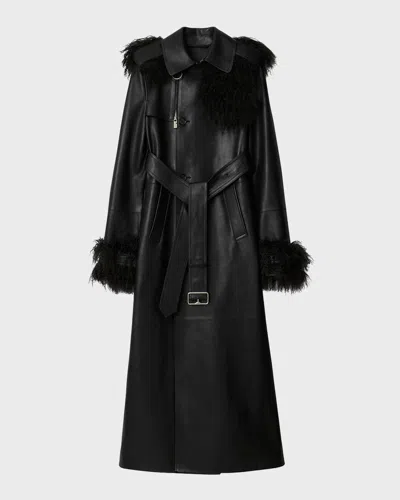 Burberry Mongolian Lamb Shearling And Leather Long Trench Coat In Black