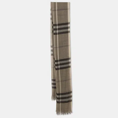 Pre-owned Burberry Monochrome Checked Silk And Wool Blend Scarf In Grey