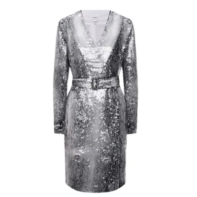 Burberry Monochrome Sequinned Animal Print Belted Trench Dress In Silver Tone