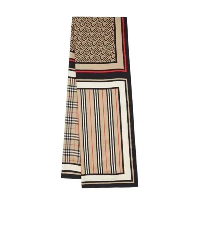 Burberry Monogram, Icon Stripe And Check Print Silk Scarf In Brown