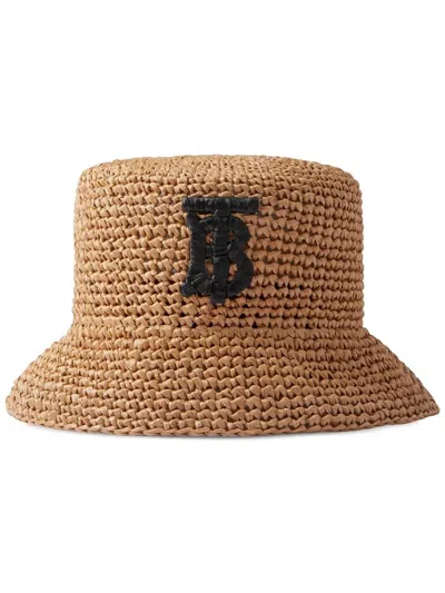 Burberry Monogram-patch Raffia Bucket Hat In Brown