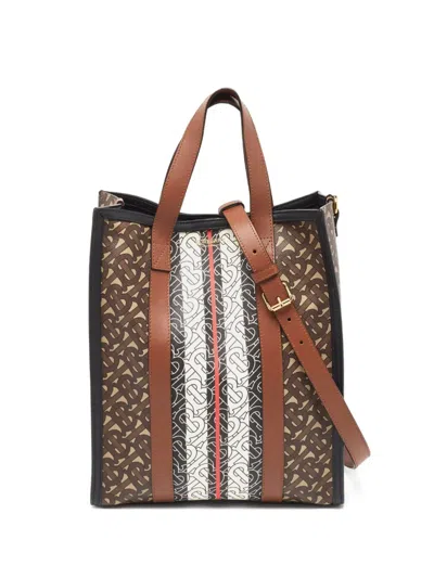 Pre-owned Burberry Monogram Stripe E-canvas Tote Bag In Brown