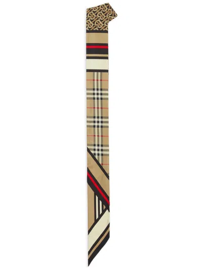 Burberry Montage-print Silk Skinny Scarf In Neutrals
