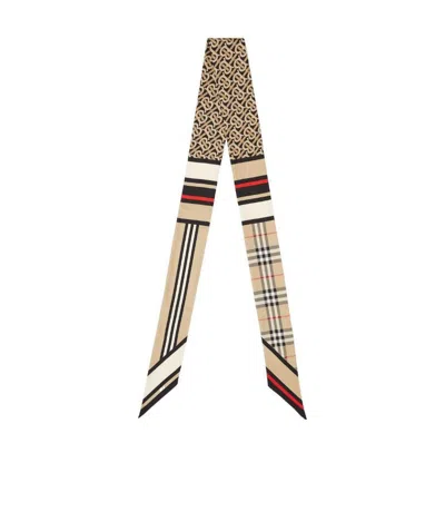 Burberry Montage-print Silk Skinny Scarf In Nude