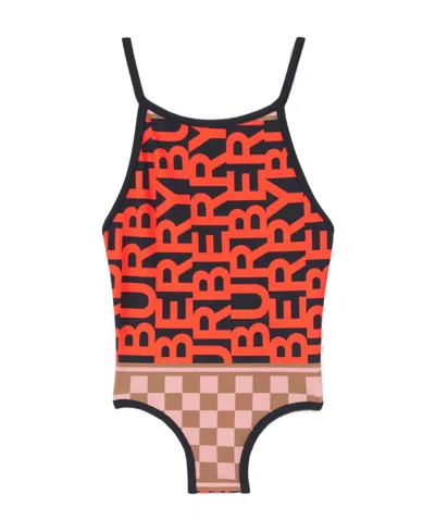 Burberry Montage-print Swimsuit In Orange