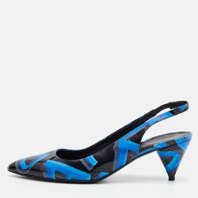 Pre-owned Burberry Morson Size 38 Black/blue Graffiti Print Leather Slingback Pumps