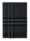 Burberry Grey Rectangular Scarf With Check Motif All-over And Fringed Hem In Cashmere Woman In Black