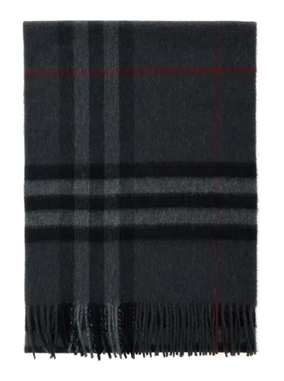 BURBERRY BURBERRY WOMEN GREY RECTANGULAR SCARF WITH CHECK MOTIF ALL-OVER AND FRINGED HEM IN CASHMERE WOMAN