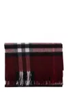 Burberry Check Patterned Cashmere Scarf Fringed Edges In Burgundy