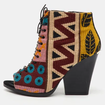 Pre-owned Burberry Multicolor Canvas Virginia Tapestry Printed Lace Up Ankle Length Boots Size 39