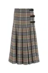 Burberry Beige Midi Skirt With Side Buckle Closure And All-over Check Motif In Wool Woman
