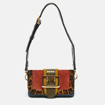Pre-owned Burberry Multicolor Leopard Pint Calfhair Suede And Python Buckle Crossbody Bag