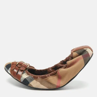 Pre-owned Burberry Multicolor Nova Check Canvas And Leather Buckle Scrunch Ballet Flats Size 38