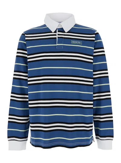 BURBERRY BURBERRY MEN MULTICOLOR POLO SHIRT WITH LOGO PATCH ON THE FRONT AND ALL-OVER STRIPED MOTIF IN COTTON