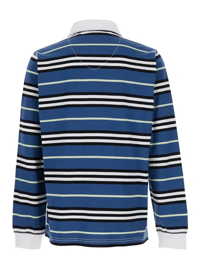 Burberry Multicolor Polo Shirt With Logo Patch On The Front And All-over Striped Motif In Cotton Man In Blu
