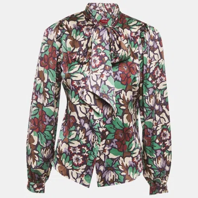 Pre-owned Burberry Multicolor Printed Satin Silk Tie-up Neck Detail Blouse S
