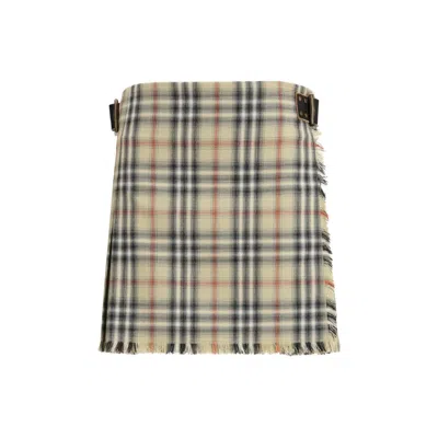 Burberry Women Beige Skirt With Adjustable Belt And All-over Check Motif In Wool Woman In Multi