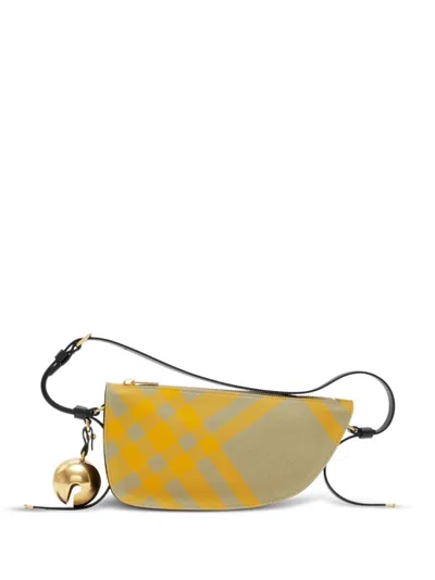 Burberry Mustard Yellow/beige Leather Shoulder Bag With Check Pattern And Bell Charm