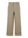 Burberry Beige Pants With Logo Embroidery On The Side And Turn-up Checked Hem In Cotton Man In Beige