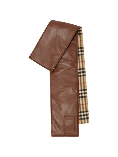 Burberry Narrow Reversible Check And Leather Scarf In Multi