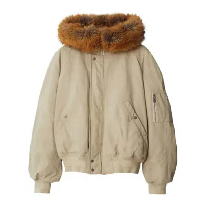 Burberry Natural Faux Fur Trim Cotton Bomber Jacket In Neutral