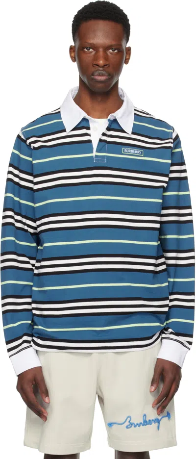 Burberry Navy & Off-white Long-sleeve Striped Cotton Polo