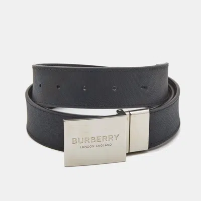 Pre-owned Burberry Navy Blue Check Coated Canvas And Leather Logo Plague Reversible Belt 85cm