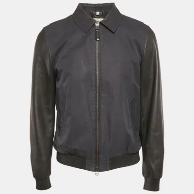 Pre-owned Burberry Navy Blue Cotton & Black Leather Zip Front Jacket M