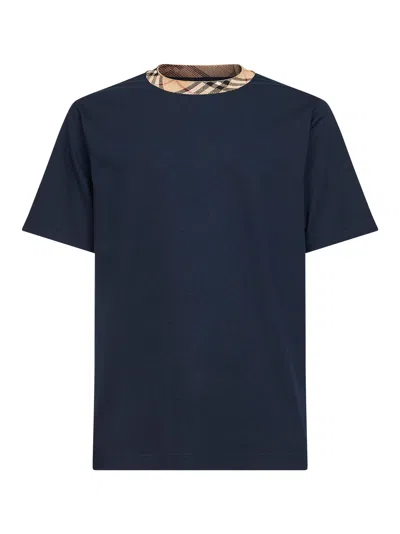 Burberry Men Navy Blue Cotton Check Trims T-shirt