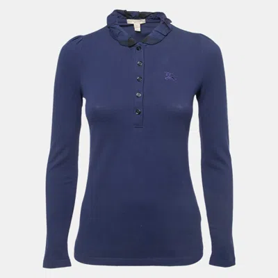 Pre-owned Burberry Navy Blue Cotton Ruffled Collar Full Sleeve Polo T-shirt Xs