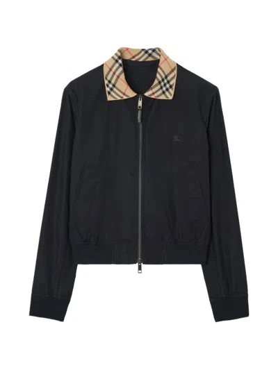 Burberry Navy Blue Gabardine Harrington Glenfields Jacket In Black