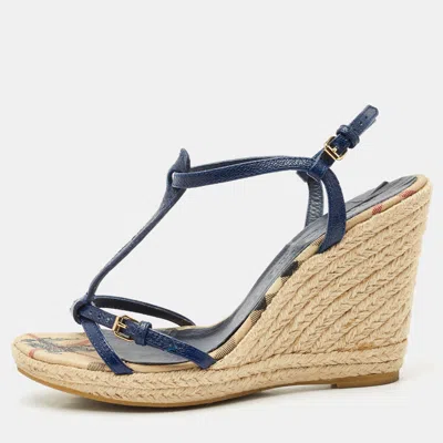 Pre-owned Burberry Navy Blue Leather Espadrille Wedge Sandals Size 38