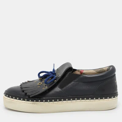 Pre-owned Burberry Navy Blue Leather Kiltie Slip On Sneakers Size 39.5