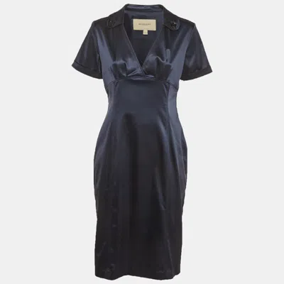 Pre-owned Burberry Navy Blue Satin Collared Mini Dress M