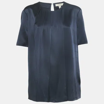 Pre-owned Burberry Navy Blue Satin Silk Faux Pleat Detail Top L