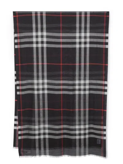 Burberry Navy Blue Wool-silk Blend Check Pattern Frayed Edge Wraparound Style Scarf For Women In Black