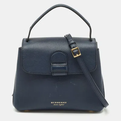 Pre-owned Burberry Navy Blue/beige Leather And House Check Fabric Small Camberley Top Handle Bag