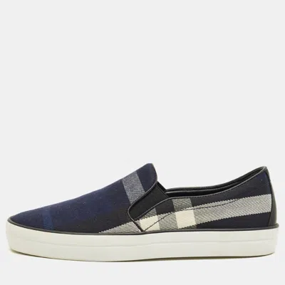 Pre-owned Burberry Navy Blue/black Gauden Check Canvas Slip On Sneakers Size 38.5