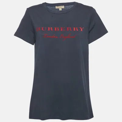 Pre-owned Burberry Navy Blue/red Logo Flocked Jersey T-shirt Xl