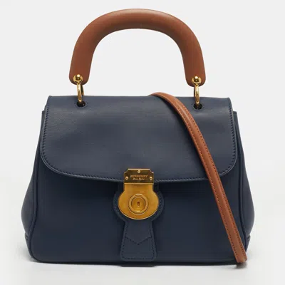 Pre-owned Burberry Navy Blue/tan Leather Medium Dk88 Top Handle Bag