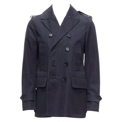 Pre-owned Burberry Navy Cotton Wool Lined Leather Epaulet Short Trench Coat It48 M In Blue