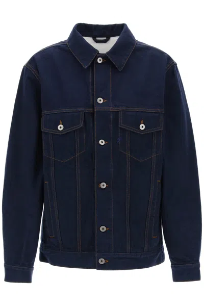 BURBERRY NAVY DENIM JACKET WITH SINGLE-BUTTON FOLDABLE CUFFS & FLOCKED FLORAL PRINT