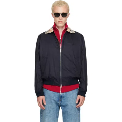 Burberry Navy Gabardine Glenfields Harrington Jacket In Brown
