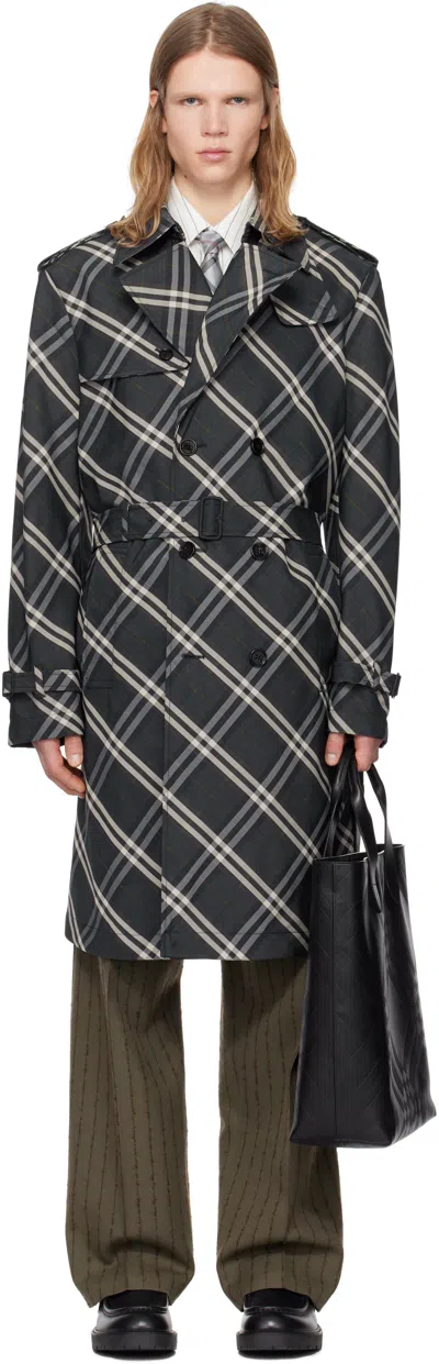 Burberry Navy Long Check Trench Coat In Indigo Ip Check