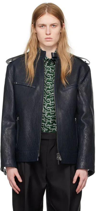 Burberry Navy Zip Leather Jacket In Blue