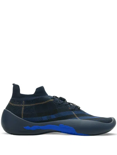 Burberry Black & Blue Check Knit Neptune Trainers In Midnight