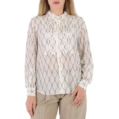 Pre-owned Burberry Net Print Crystal Detail Tie-neck Silk Shirt In White