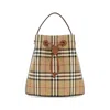 Burberry Check Pattern Canvas Bucket Bag With Top Handle And Leather Trim